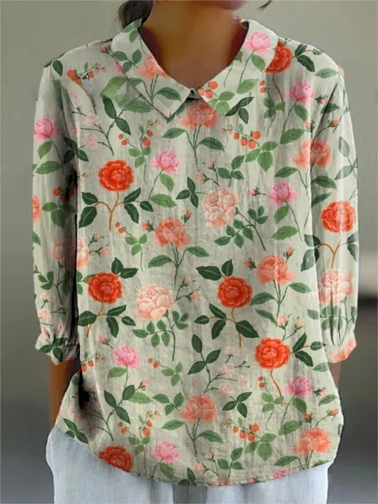 Women's Vintage Floral Art Print Casual Cotton And Linen 3/4 Sleeve Shirt