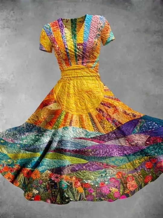 Retro Art Print V Neck Elegant Chic Loose Short Sleeve Midi Dress