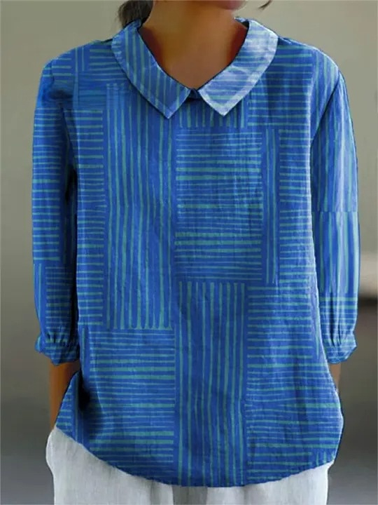 Women's Blue Stripes Art Print Casual Cotton And Linen 3/4 Sleeve Shirt