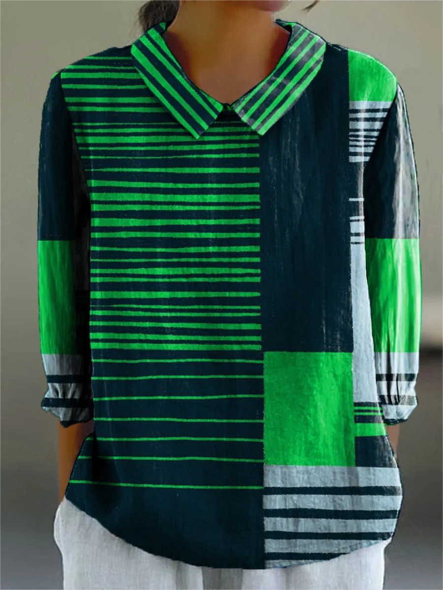 Women's Simple Color Block Line Art Print Casual Cotton And Linen 3/4 Sleeve Shirt