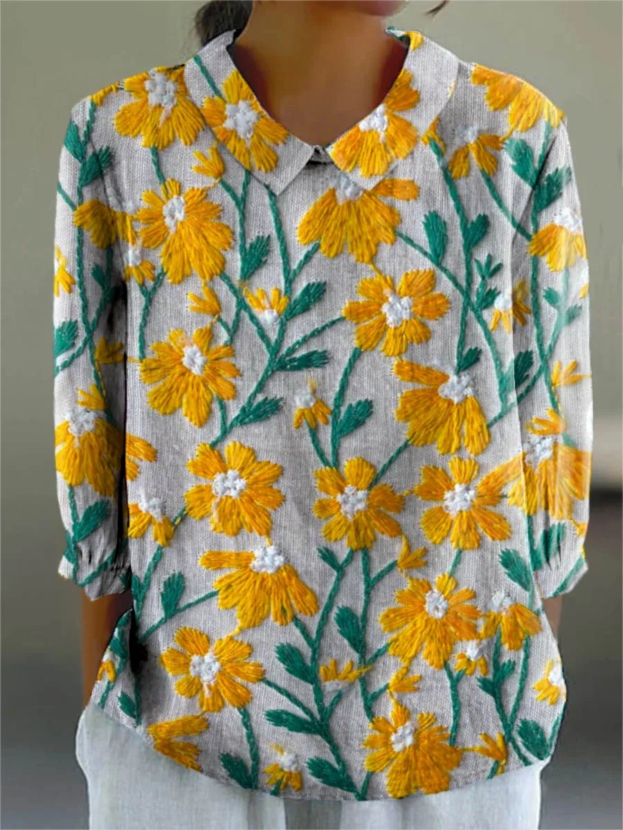 Women's Vintage Floral Art Print Casual Cotton And Linen 3/4 Sleeve Shirt