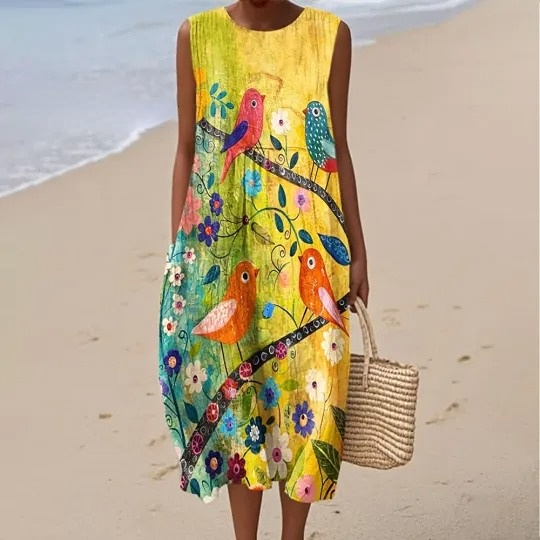 Women's Vintage Flower Bird Art Print Sleeveless Cotton Pocket Wrap Dress