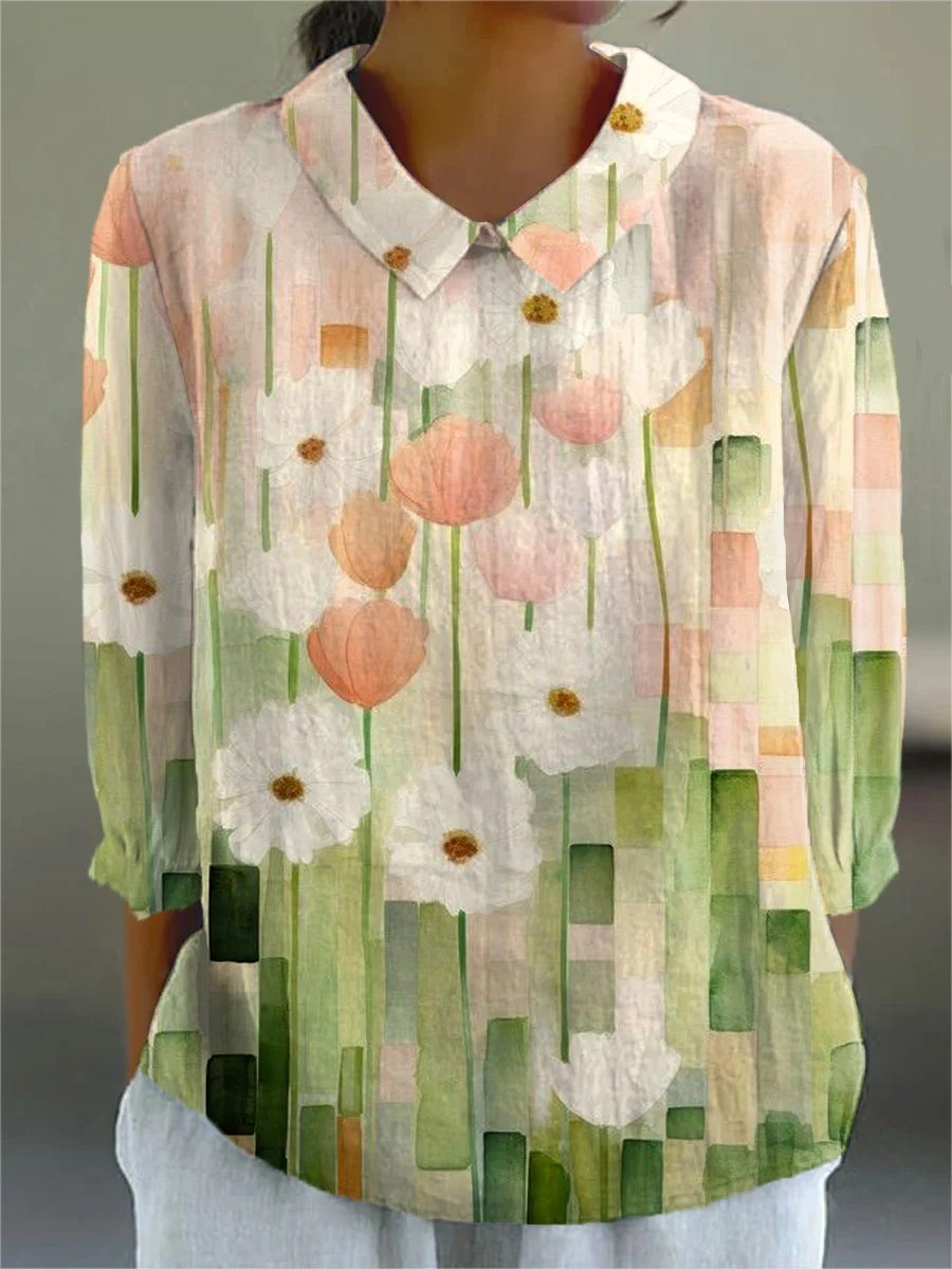 Women's Watercolor Flower Art Print Casual Cotton And Linen 3/4 Sleeve Shirt