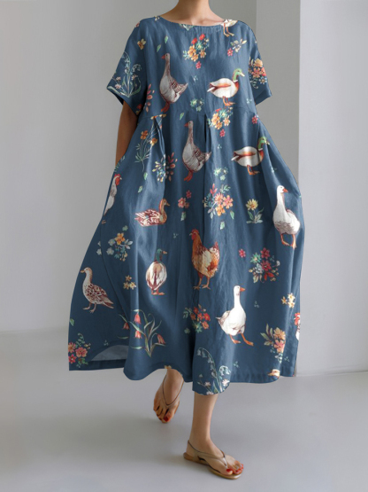 Farm Animal Print Short Sleeve Loose Midi Dress