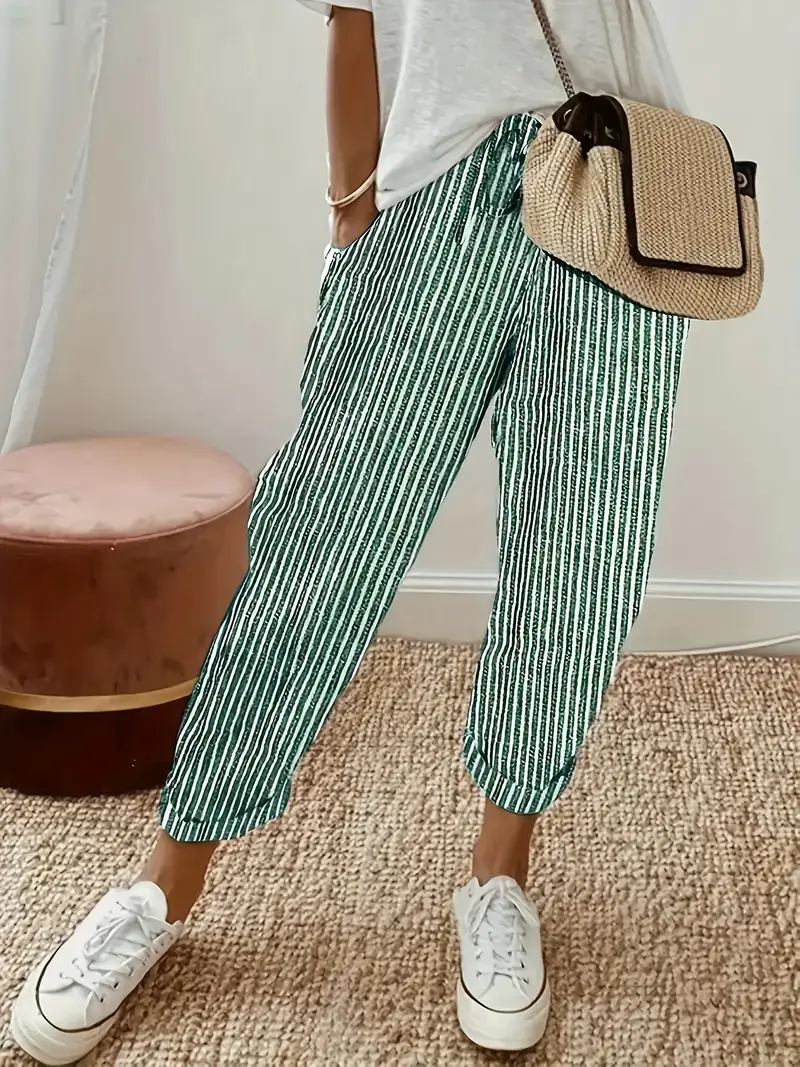 Women's Stripe Print Lace-Up Casual Pants