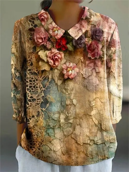Women's Vintage Floral Art Print Casual Cotton And Linen 3/4 Sleeve Sh