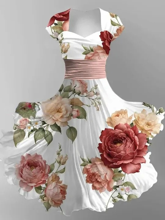 Floral Art Print V-Neck Vintage Chic Short Sleeve Midi Dress