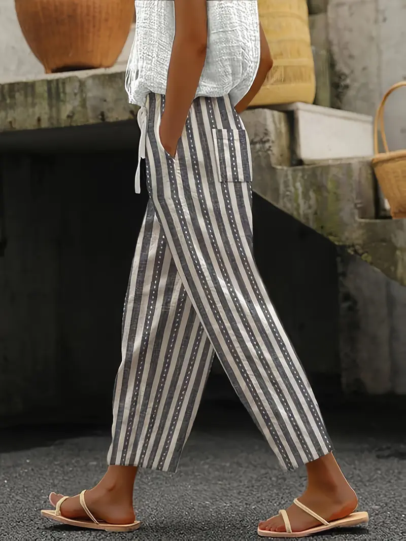 Women's Lace-Up Striped Wide-Leg Casual Pants