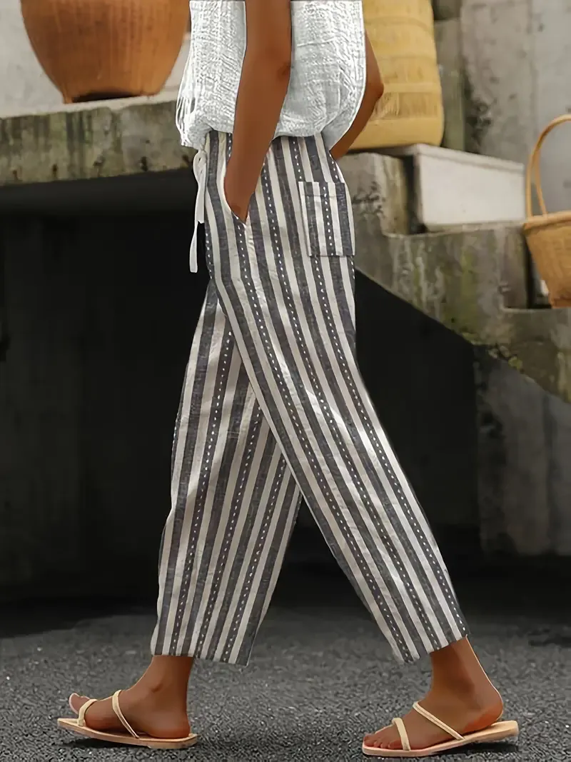 Women's Lace-Up Striped Wide-Leg Casual Pants