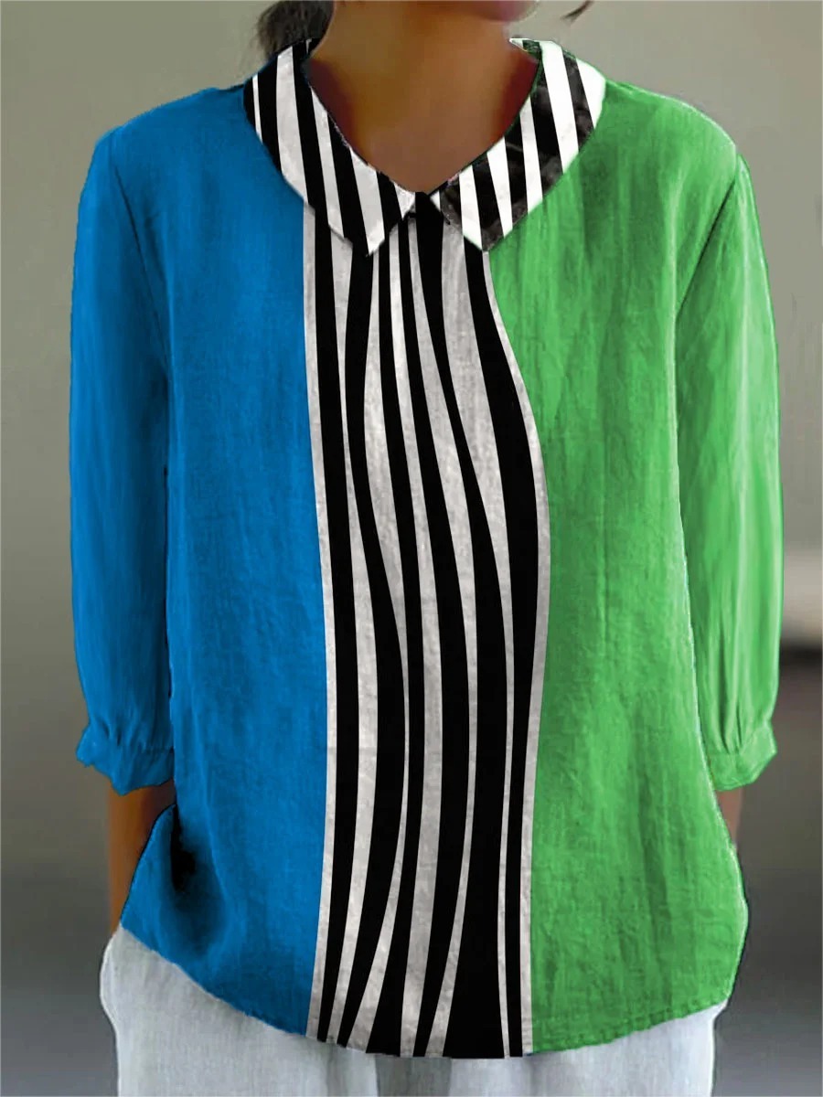Women's Vintage Colorblock Striped Art Print Casual Cotton And Linen 3