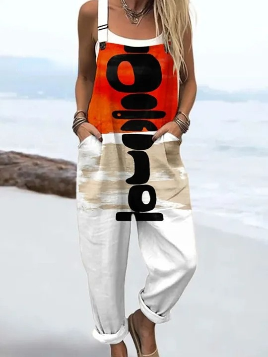 Women's Vintage Abstract Geometric Line Art Print Casual 100% Cotton Wide Leg Jumpsuit