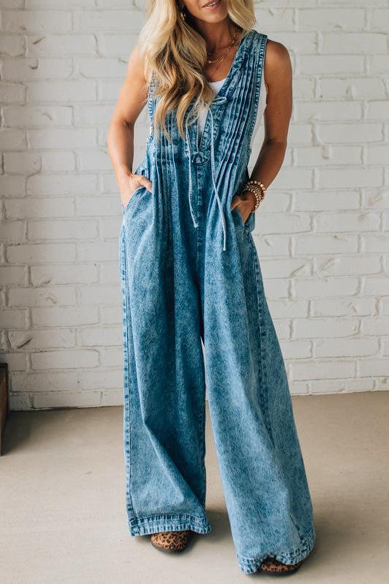 Ladies' Shoulder Strap Hollow Splicing Pleated Casual Jumpsuit