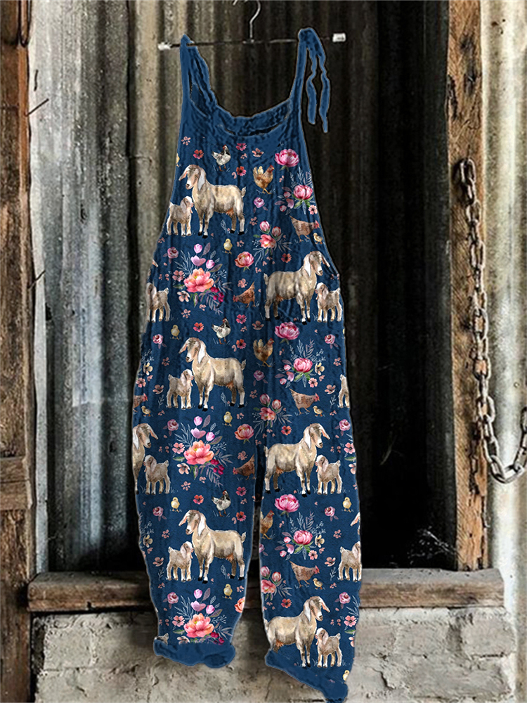 Floral Farm Animals Print Linen Blend Casual Jumpsuit