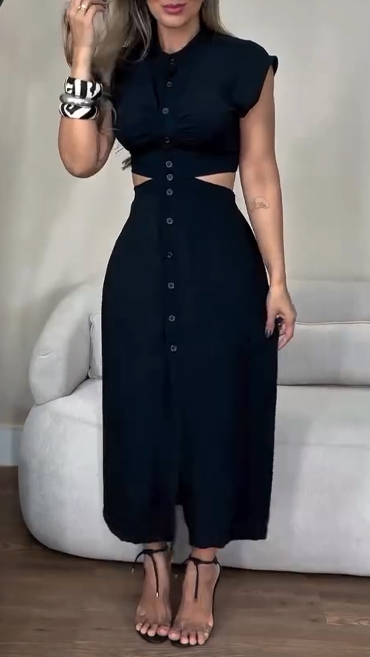 Women's Round Neck Buttoned Hollow Waist Casual Dress