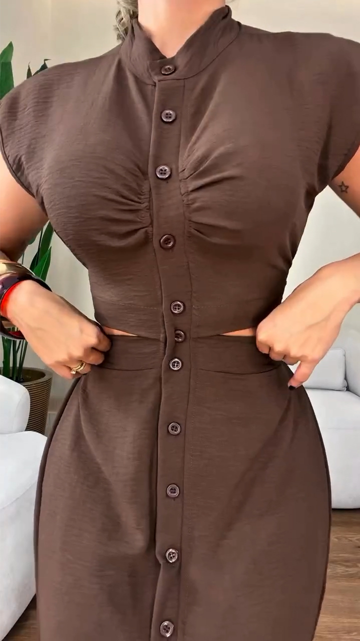 Women's Round Neck Buttoned Hollow Waist Casual Dress