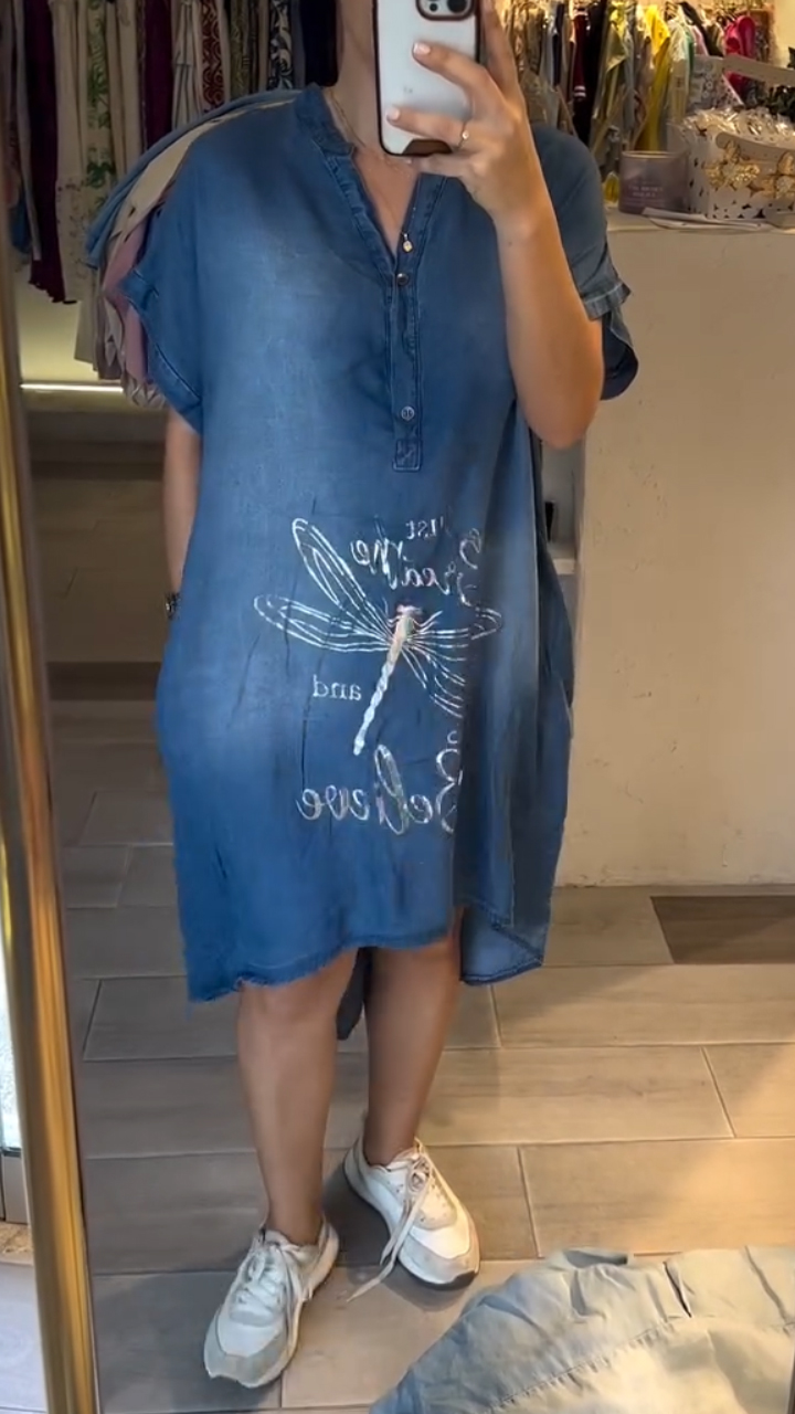 Women's V-neck Half-open Collar Button Denim Casual Dress