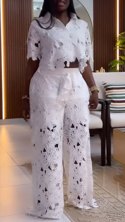 Women's Lapel Top + Trousers Hollow Casual Suit