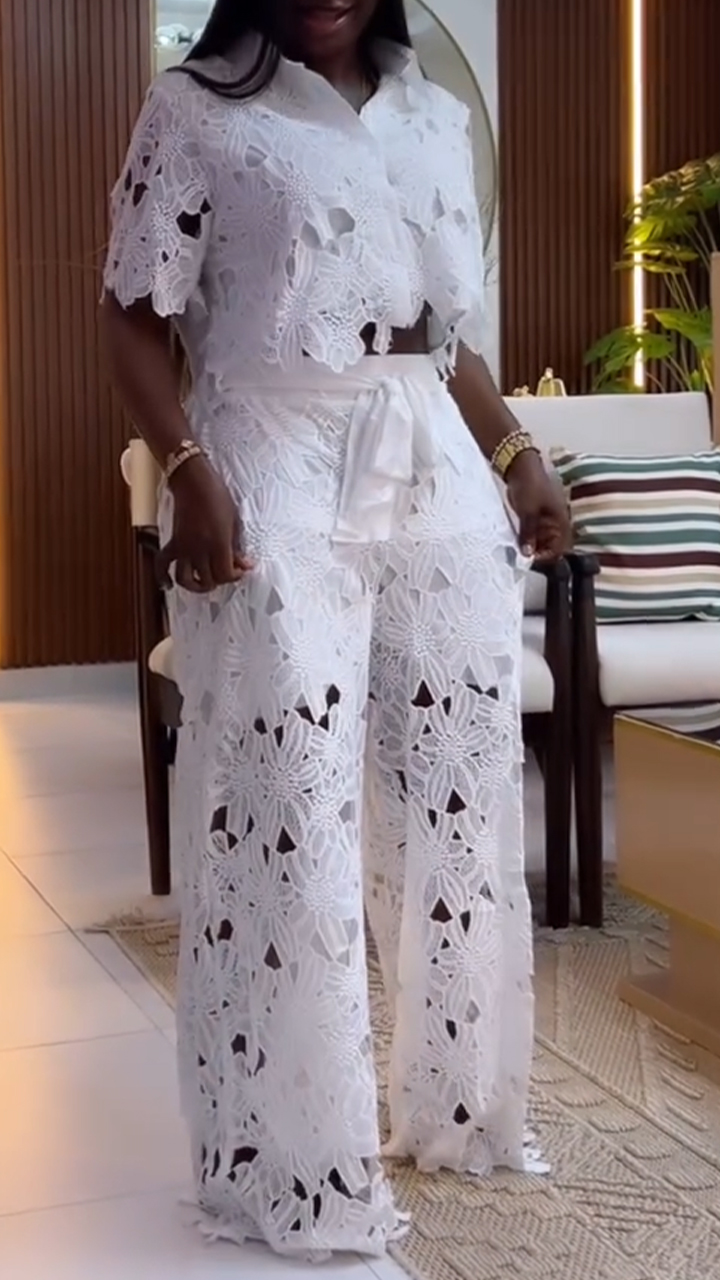 Women's Lapel Top + Trousers Hollow Casual Suit