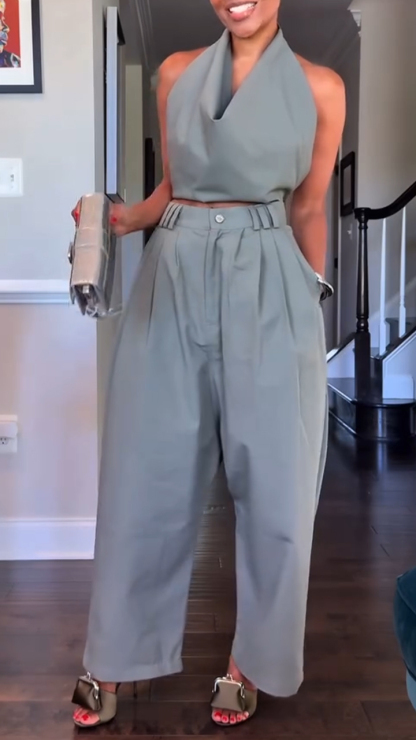 Women's Halter Neck Sleeveless Cotton and Linen Casual Suit