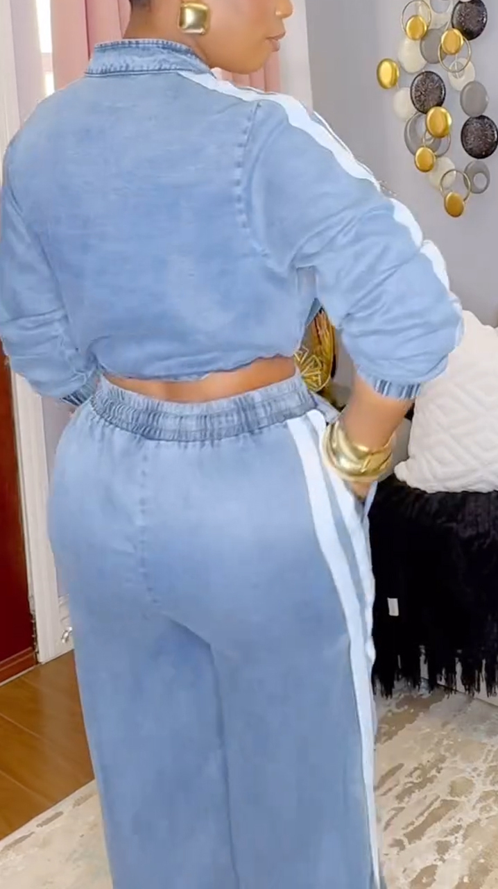 Ladies' Round Neck Patchwork Striped Casual Suit