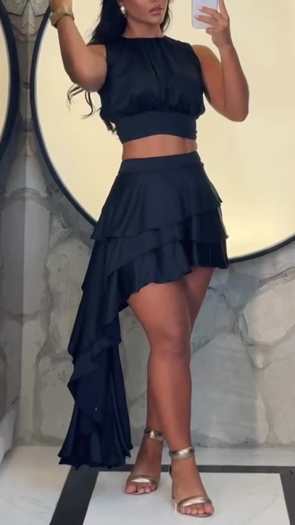 Ladies' Round Neck Short Top+irregular Skirt Elegant Temperament Set