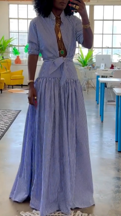 Women's Stand Collar Striped Fishtail Dress