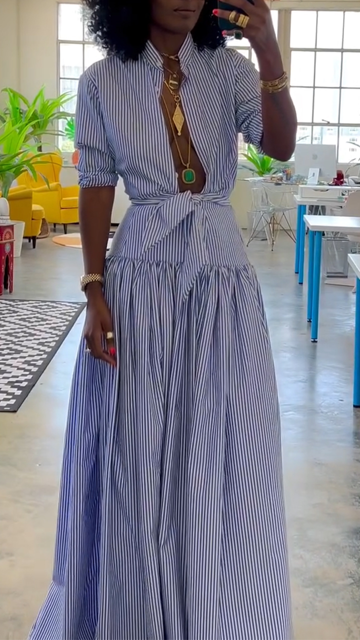 Women's Stand Collar Striped Fishtail Dress