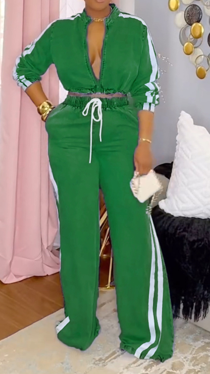 Ladies' Round Neck Patchwork Striped Casual Suit