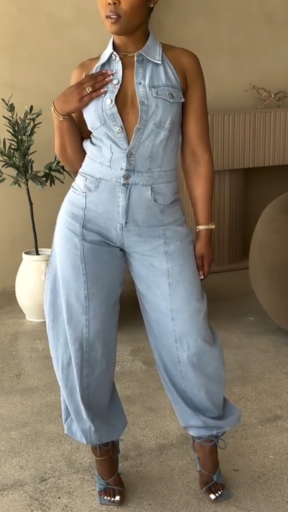 Ladies' Lapel Hollowed Out Casual Style Jumpsuit