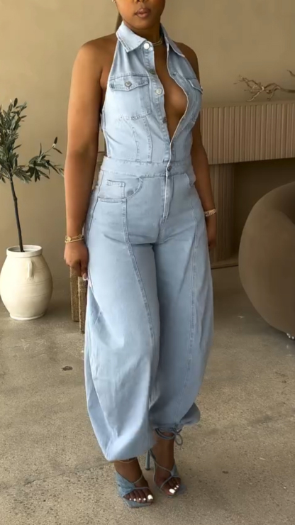 Ladies' Lapel Hollowed Out Casual Style Jumpsuit