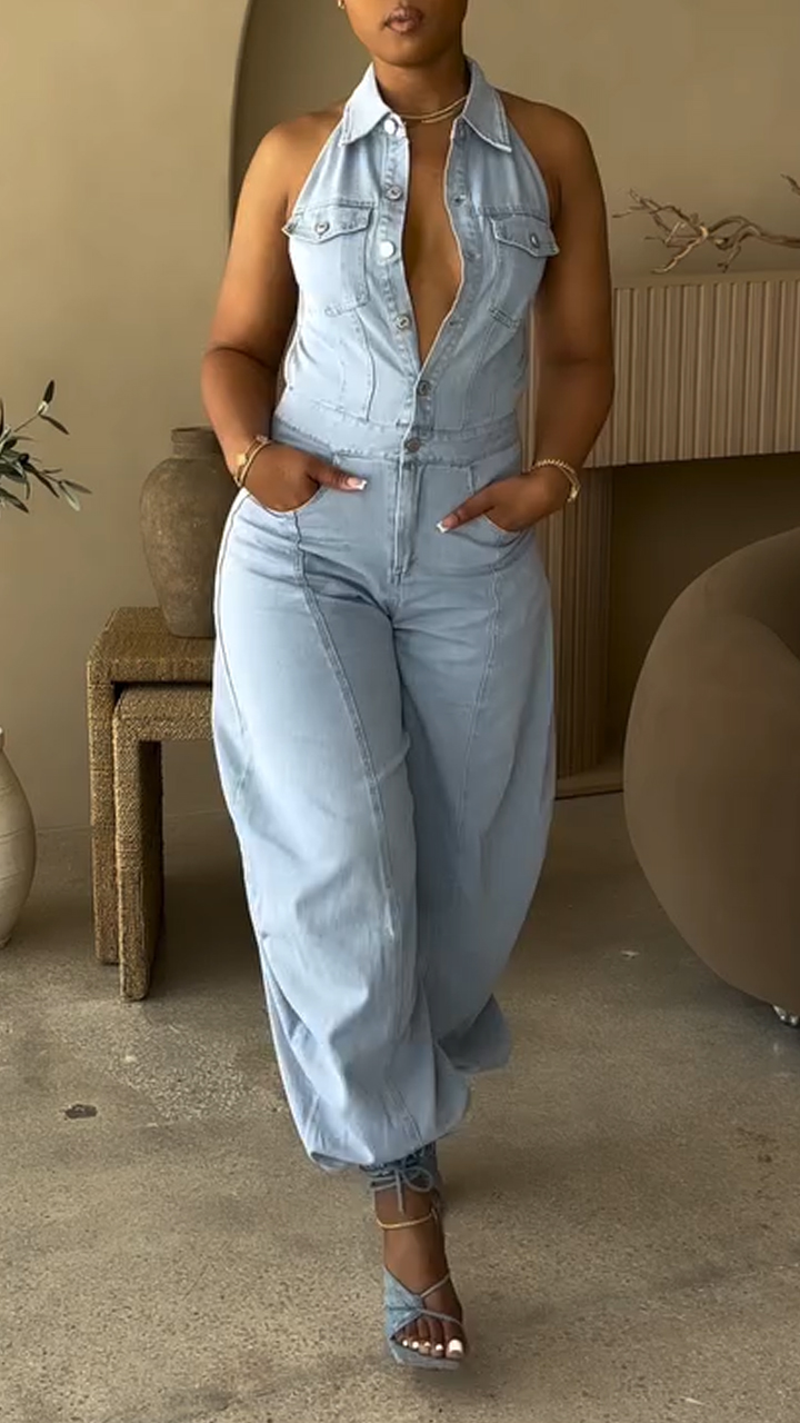 Ladies' Lapel Hollowed Out Casual Style Jumpsuit