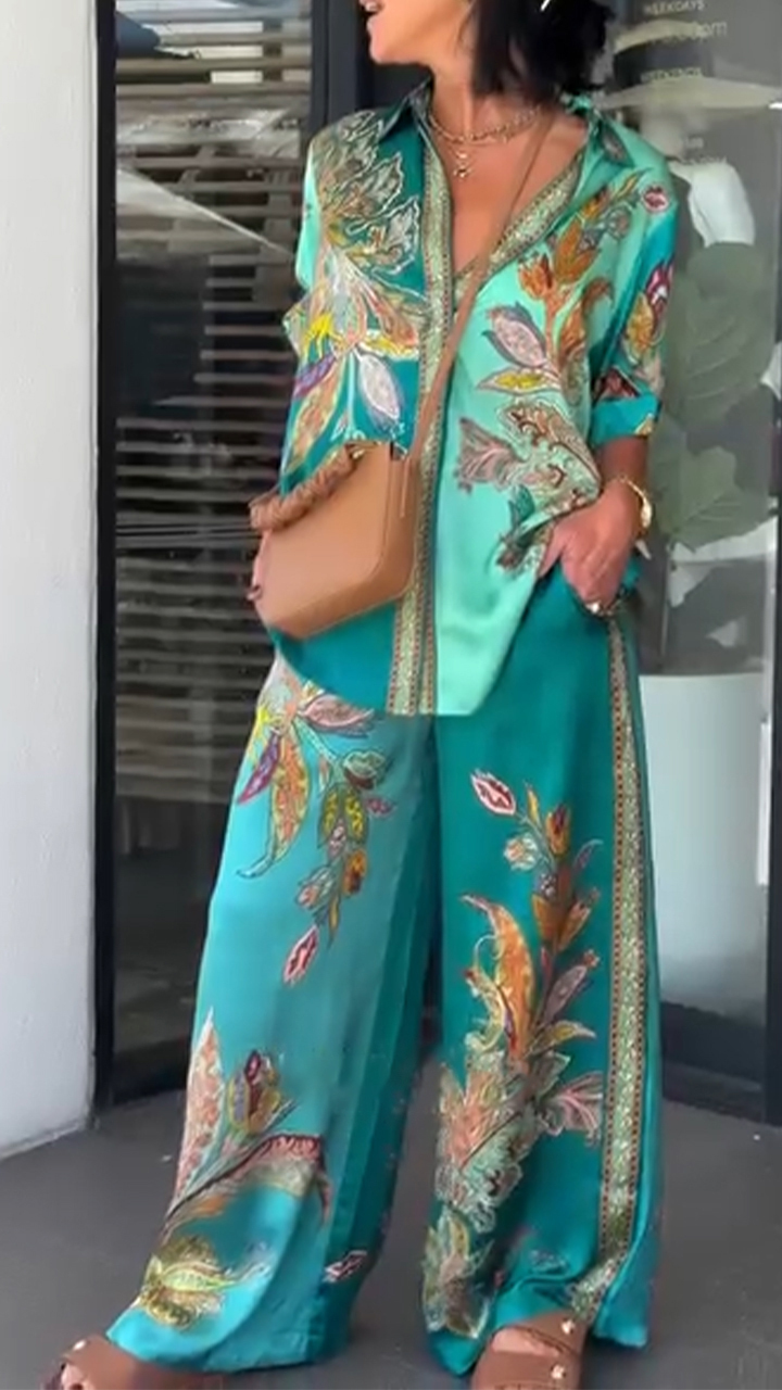 Women's Collar Printed Top+pants Loose Casual Suit