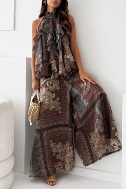 Women's Neck - Hanging Printed Irregular Top + Pants Loose Temperament Set 🌿 Effortless Boho - Chic for Sunny Days!