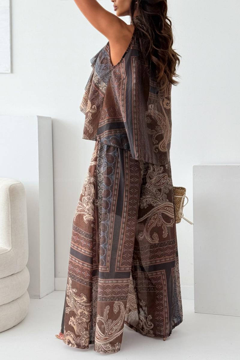 Women's Neck - Hanging Printed Irregular Top + Pants Loose Temperament Set 🌿 Effortless Boho - Chic for Sunny Days!