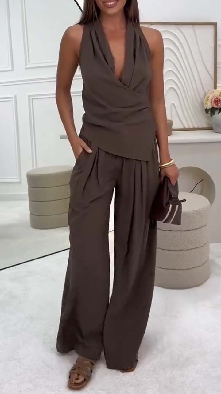 Women's V-neck Hanging Neck Top+pants Casual Suit