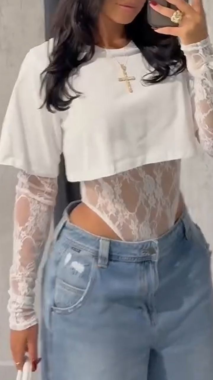 Ladies' Round Neck Solid Color Short T-shirt + Lace Jumpsuit Two-piece Set