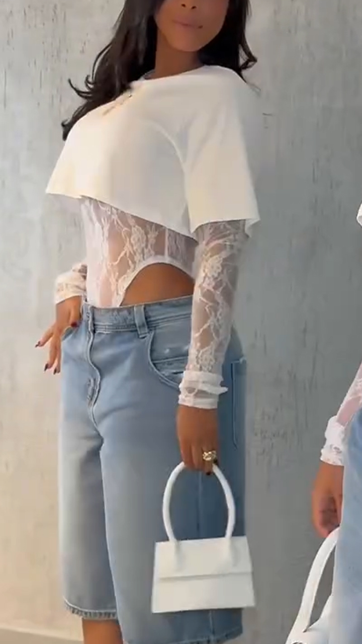 Ladies' Round Neck Solid Color Short T-shirt + Lace Jumpsuit Two-piece Set