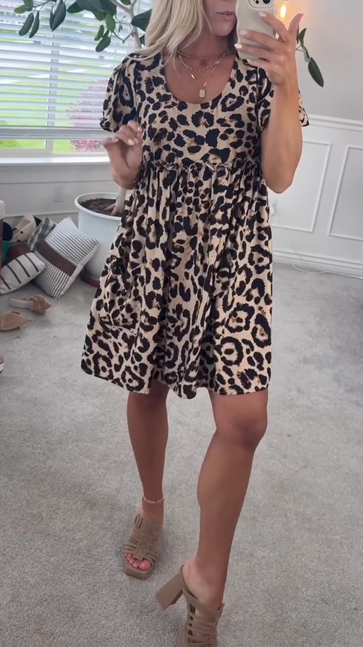 Ladies' Round Neck Printed Leopard Print Casual Dress