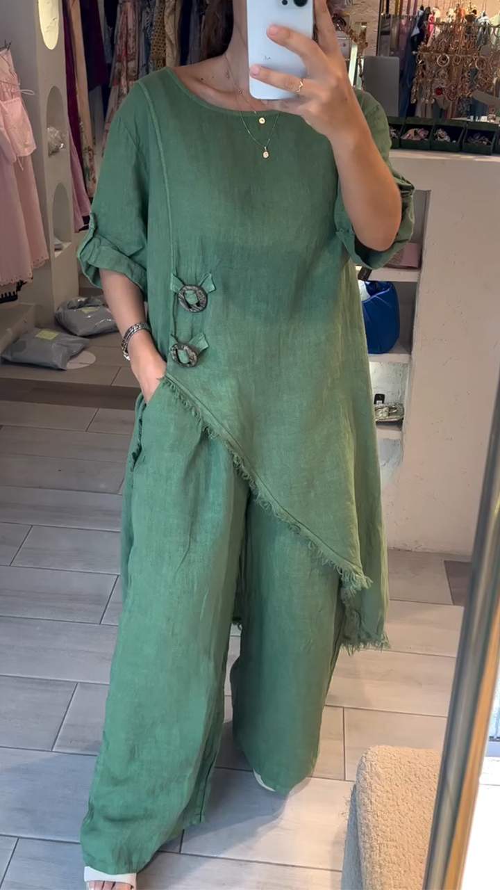 Women's Round Neck Long Irregular Top+ Pants Casual Suit