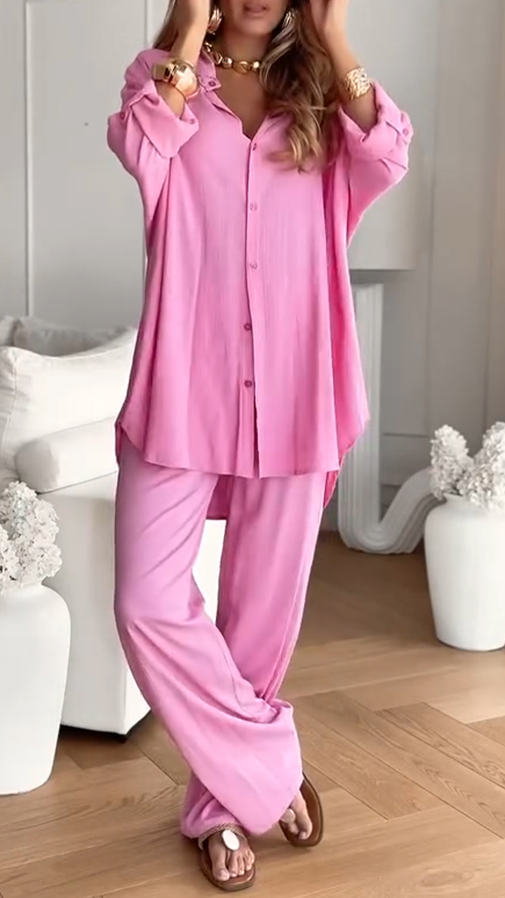 Ladies' Collar Solid Color Loose Casual Suit