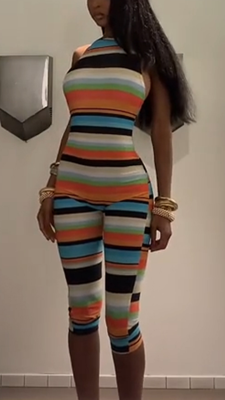 Ladies' Round Neck Striped Colorful Slim Fit Casual Jumpsuit