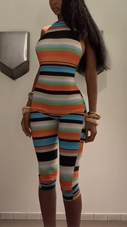 Ladies' Round Neck Striped Colorful Slim Fit Casual Jumpsuit