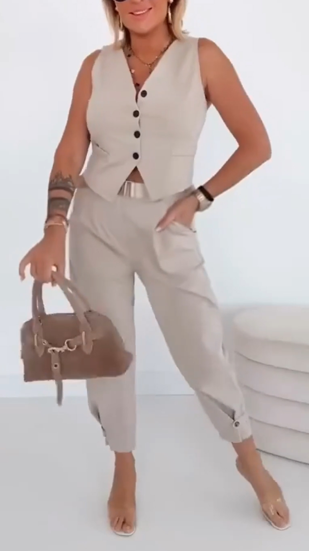 Women's V-neck Breasted Top + Pants Casual Suit