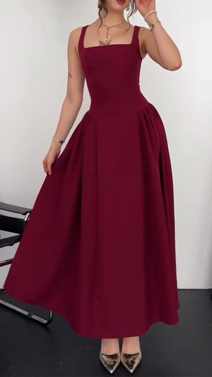 Ladies' Square Neck Solid Color Elegant Temperament Dress