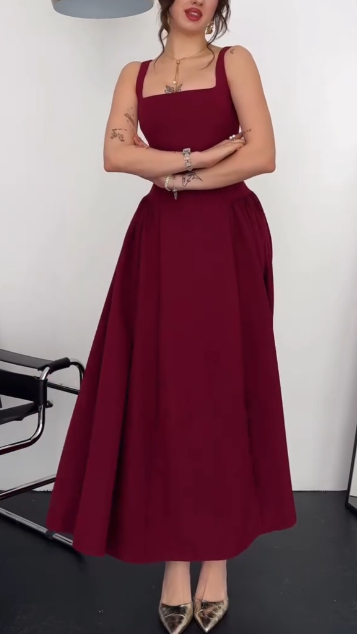 Ladies' Square Neck Solid Color Elegant Temperament Dress