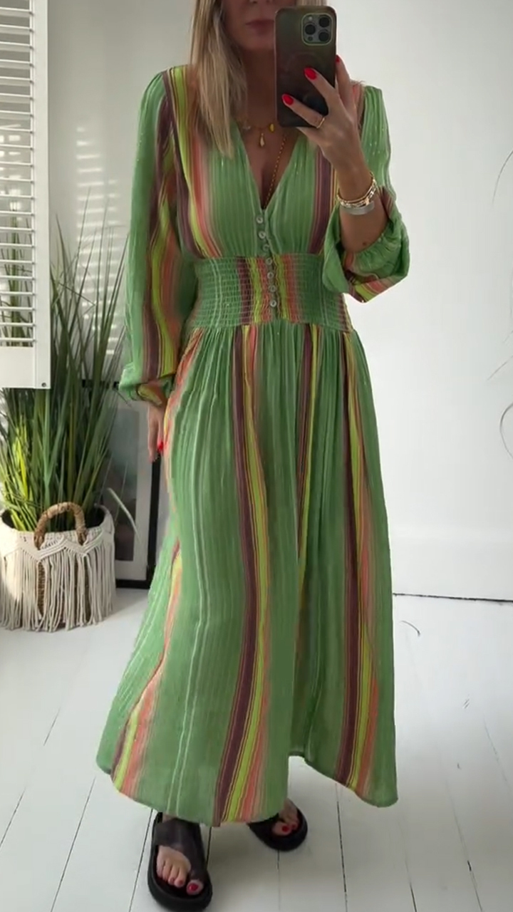 Ladies' V-neck Splicing Waist Cinching Loose Casual Dress