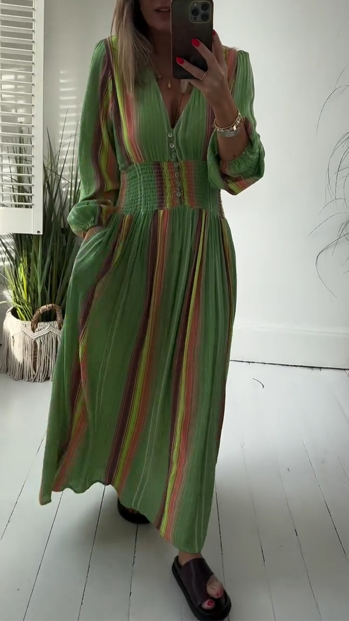 Ladies' V-neck Splicing Waist Cinching Loose Casual Dress