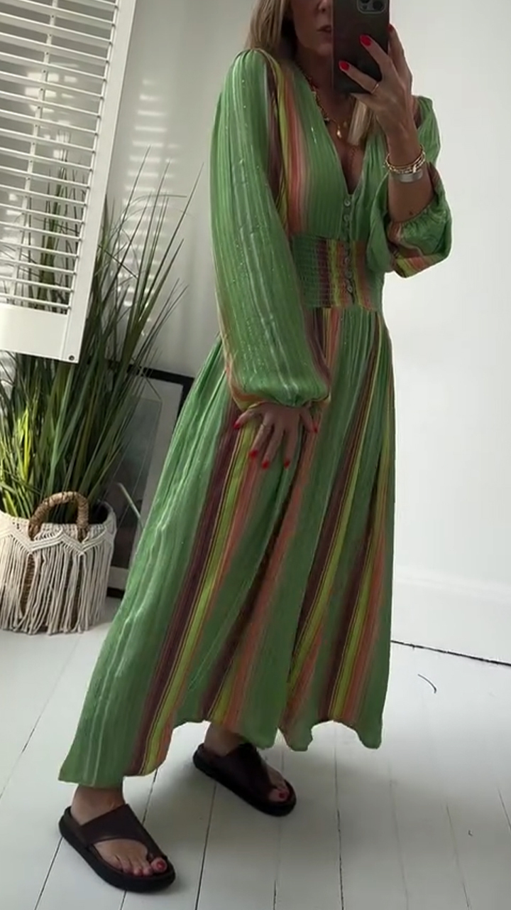 Ladies' V-neck Splicing Waist Cinching Loose Casual Dress