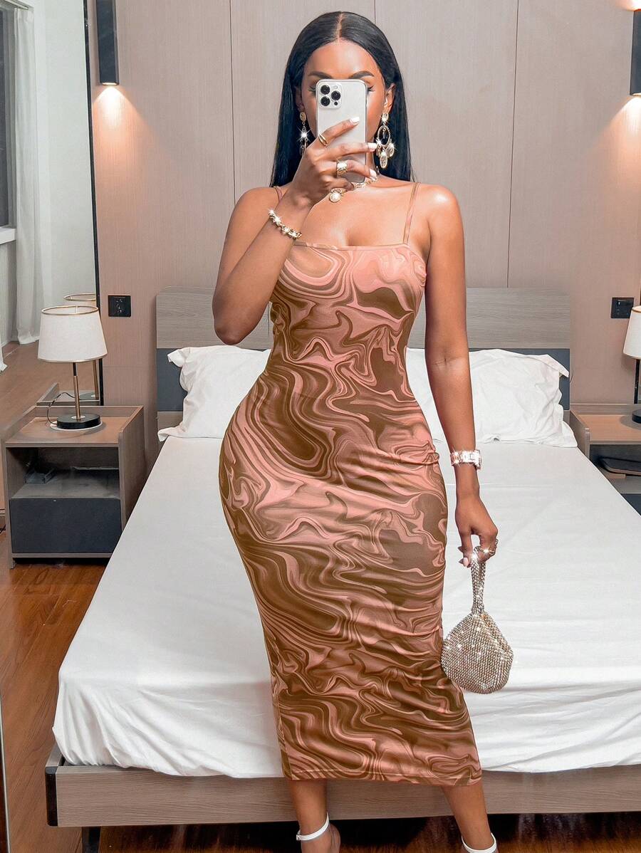 Ladies' Spaghetti Strap Printed Slit Slim Fit Sexy Casual Dress