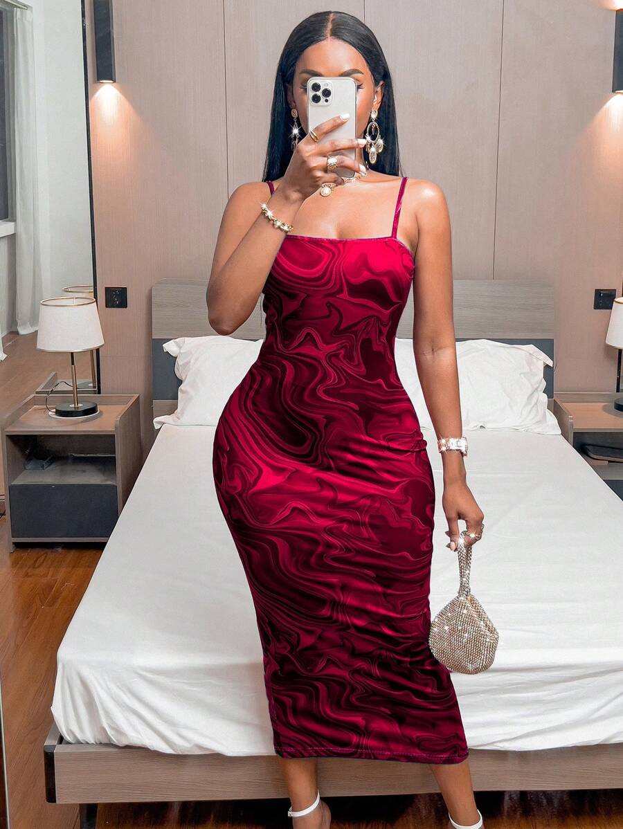 Ladies' Spaghetti Strap Printed Slit Slim Fit Sexy Casual Dress